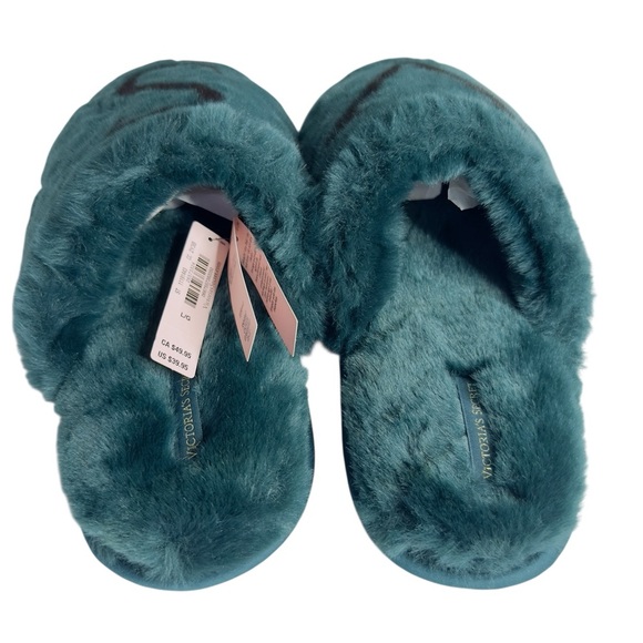Victoria's Secret Green Fuzzy Faux Fur Logo Slip On‎ Slippers Women’s Size L - Picture 5 of 10